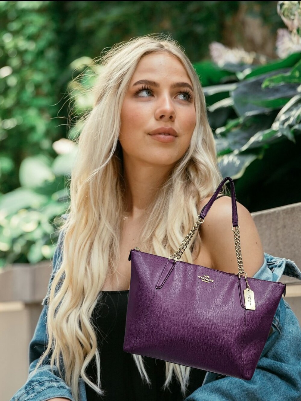 Coach Ava Chain Tote Purple Pebbled Leather with Gold Chain Straps F37201